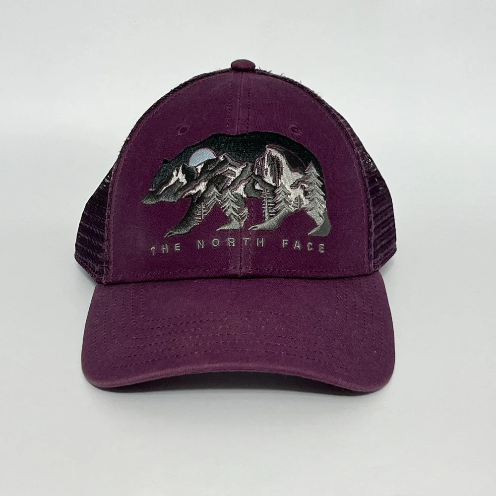 The North Face Embroidered Bear Trucker Hat Wine Snap Back Mesh